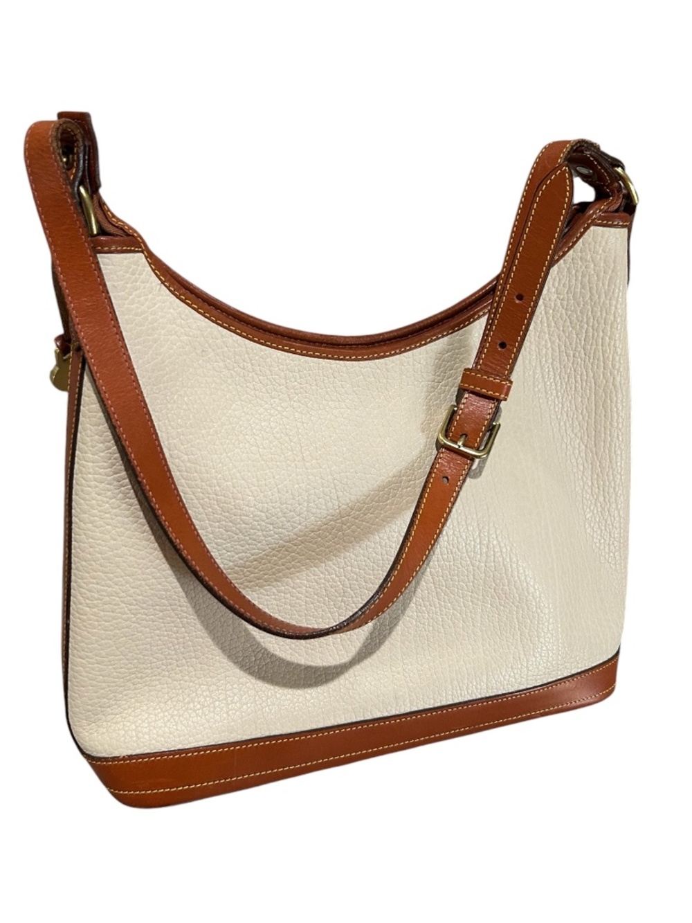 Vintage Dooney & Bourke Hobo Bag Cream Pebbled Leather Tote Bucket Top Zip - Picture 13 of 16